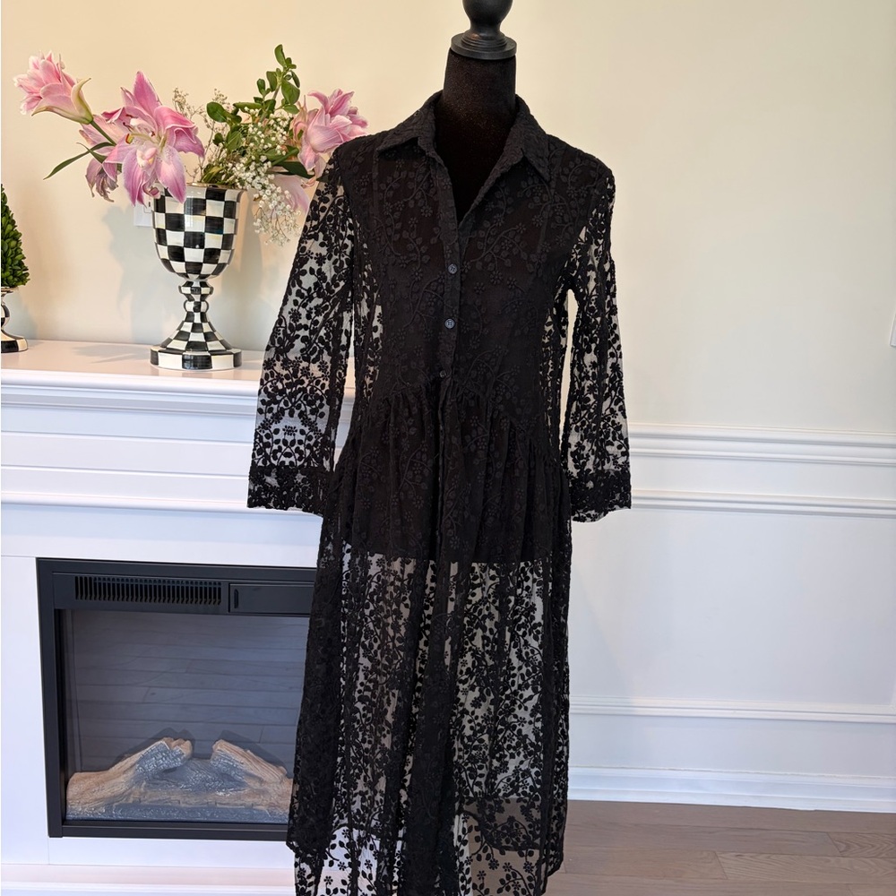 Zara Black Sheer Lace Midi Shirt Dress